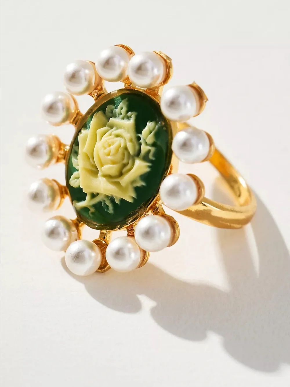 Anthropologie Cameo Floral Cocktail Ring with Pearls